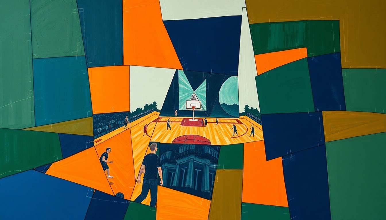 A fragmented, cubist-style painting depicting a high school basketball game, with sharp geometric shapes in navy, green, and orange representing the players, court, and ball in motion.