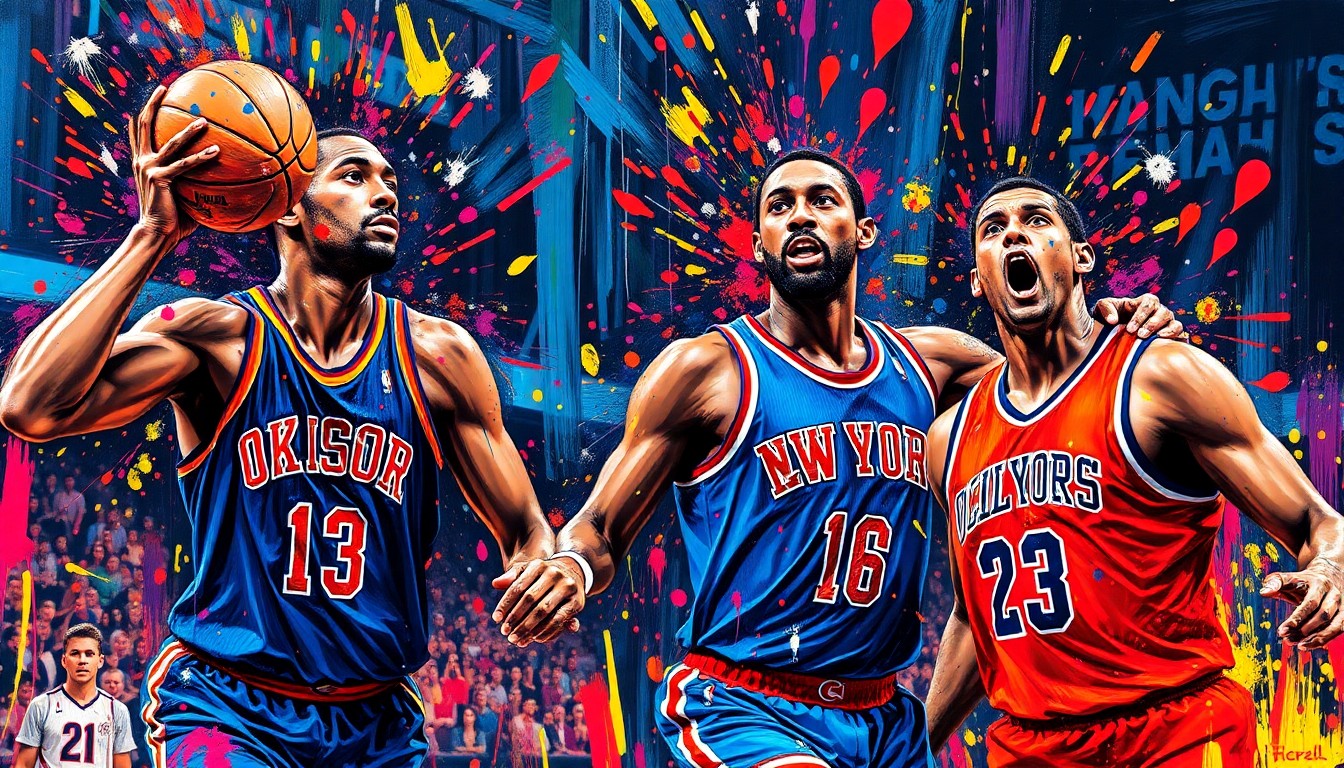 An abstract, expressionist painting featuring vibrant neon brushstrokes in shades of orange, blue, and green, capturing the raw energy and intensity of a high-stakes NBA basketball game.