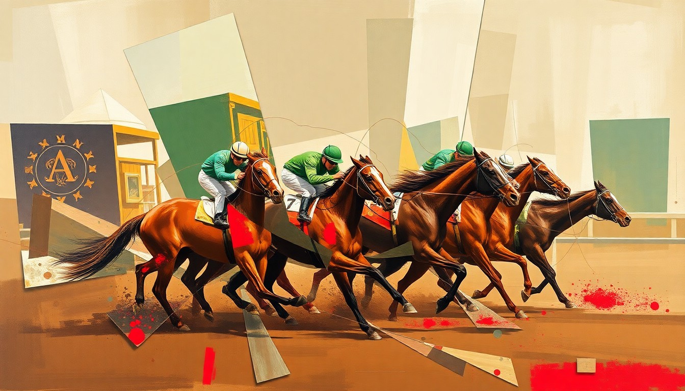 A fragmented, cubist-style painting depicting the Arkansas Derby horse race, with sharp, overlapping geometric shapes in earthy tones and splashes of bright color representing the dynamic energy and competition of the event.
