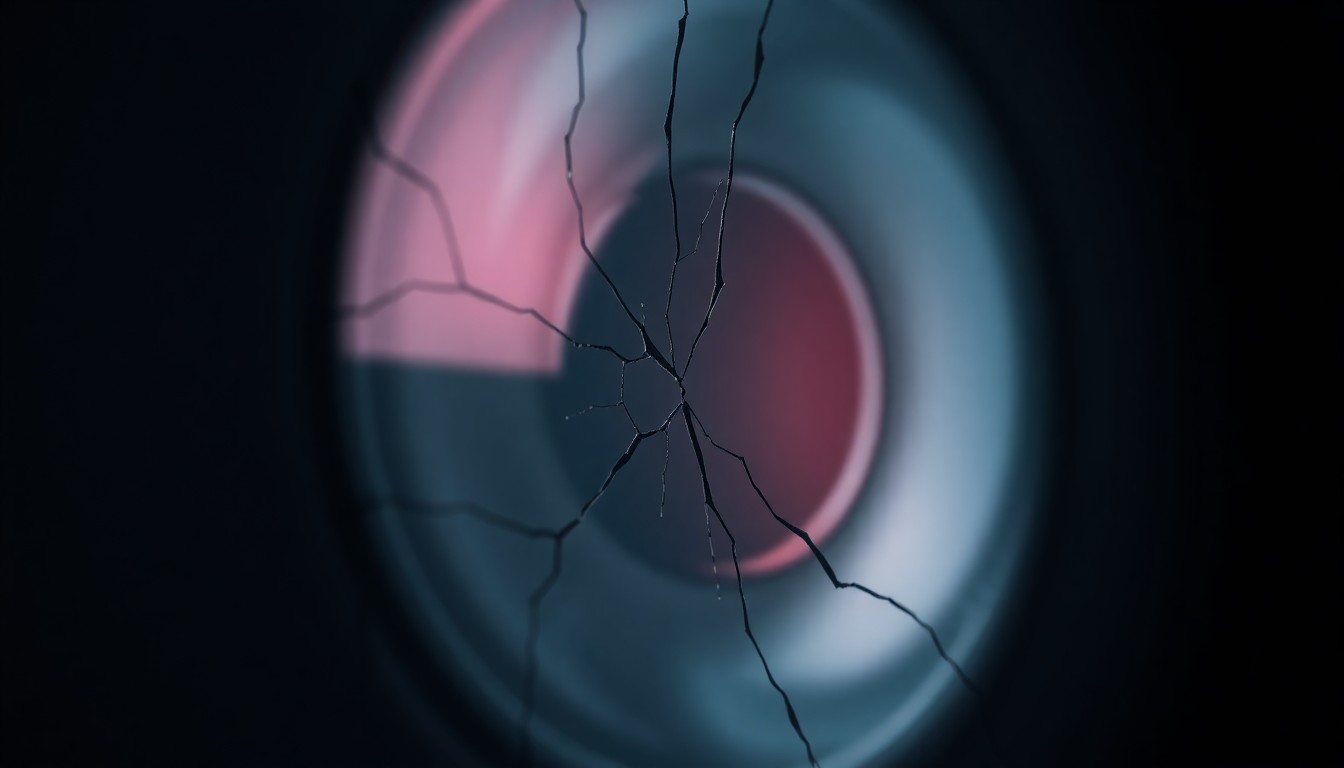 An extreme close-up of a cracked, reflective medical sensor lens in muted shades of grey and red, conveying the complex interplay of technology and human compassion in the medical field.