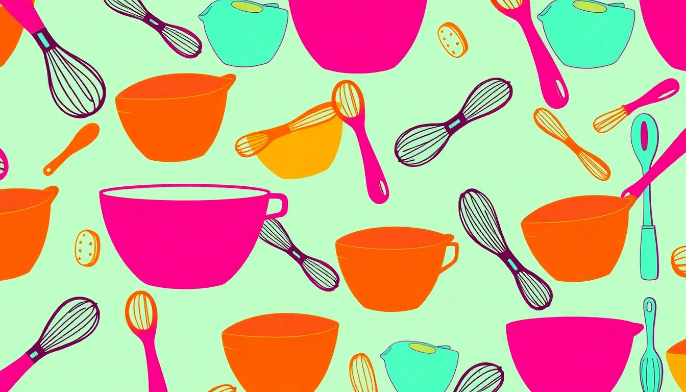 A bold, graphic illustration featuring a repeating pattern of a whisk in bright neon colors, conceptually representing the innovative and visually striking cookbooks being released in 2026.