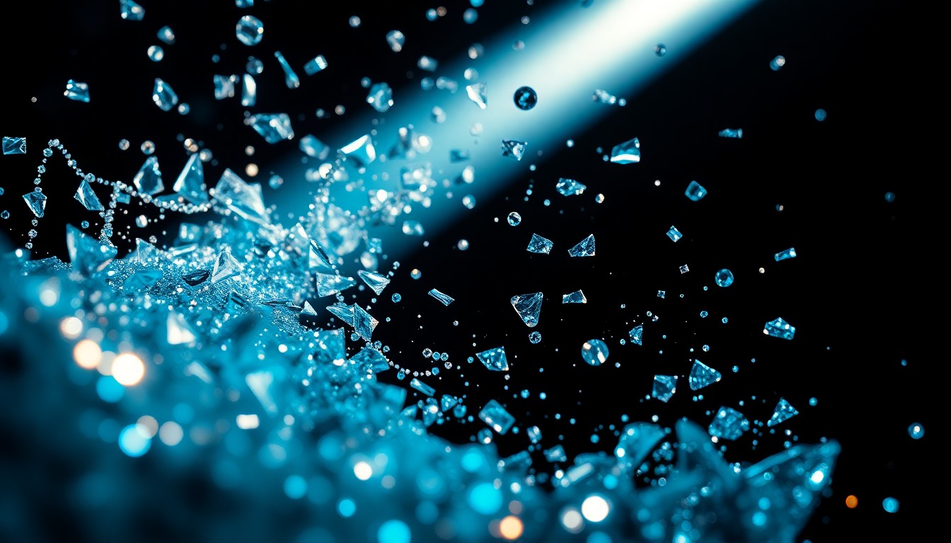 An abstract close-up image of shattered glass and glittering sequins, captured in dramatic high-contrast studio lighting to create a glamorous, high-fashion aesthetic that conceptually represents the energy and artistry of the music industry.