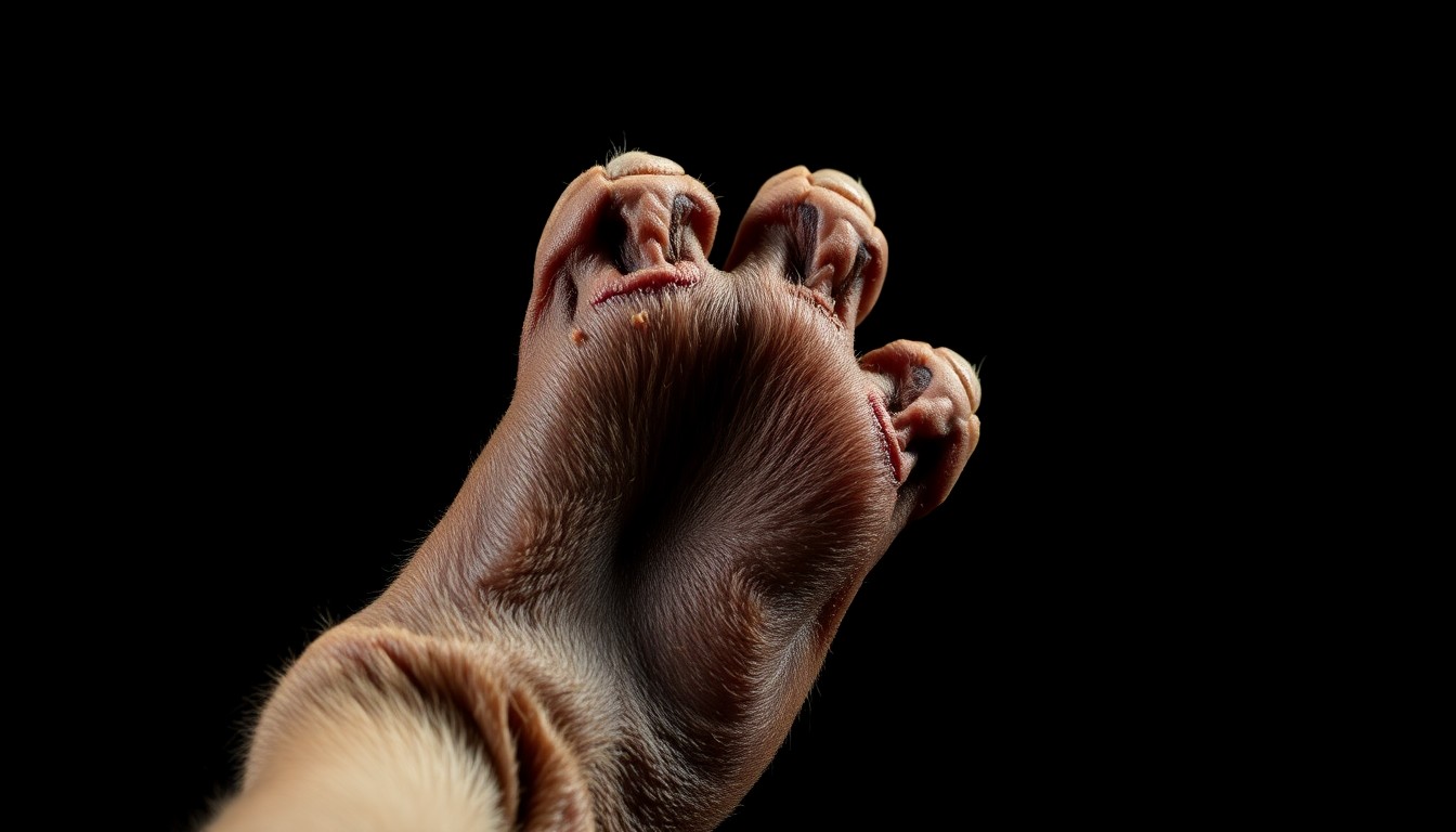 An extreme close-up photograph of a dog's emaciated paw against a pitch-black background, the harsh lighting and dramatic details conveying the neglect and suffering the animal endured.