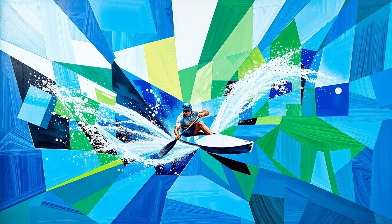 A cubist, geometric painting depicting the dynamic motion and multiple perspectives of a canoe slalom competition, with overlapping planes of bright blues, greens, and whites.