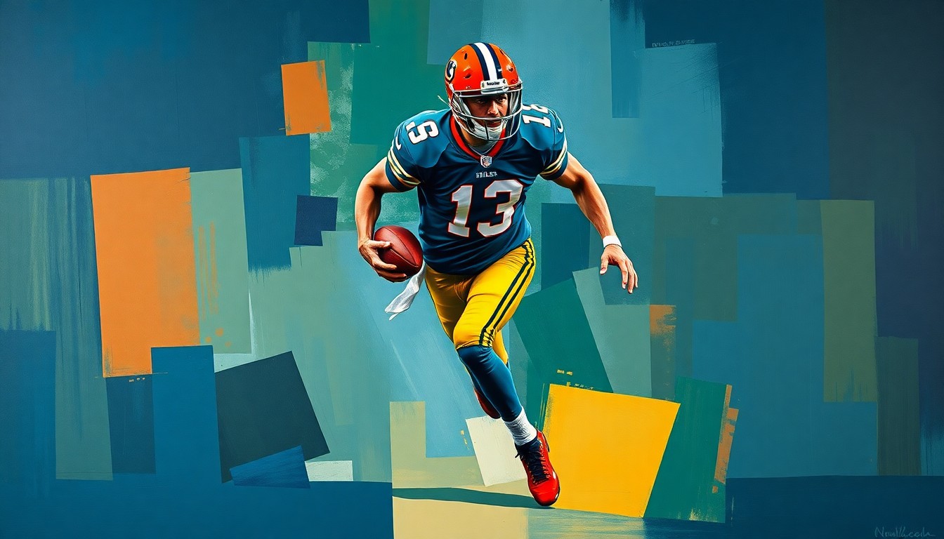 A fragmented, cubist-style painting depicting a football player in motion, broken down into sharp, overlapping geometric shapes in a palette of navy, green, and orange, conveying the complex roster decisions NFL teams must navigate.