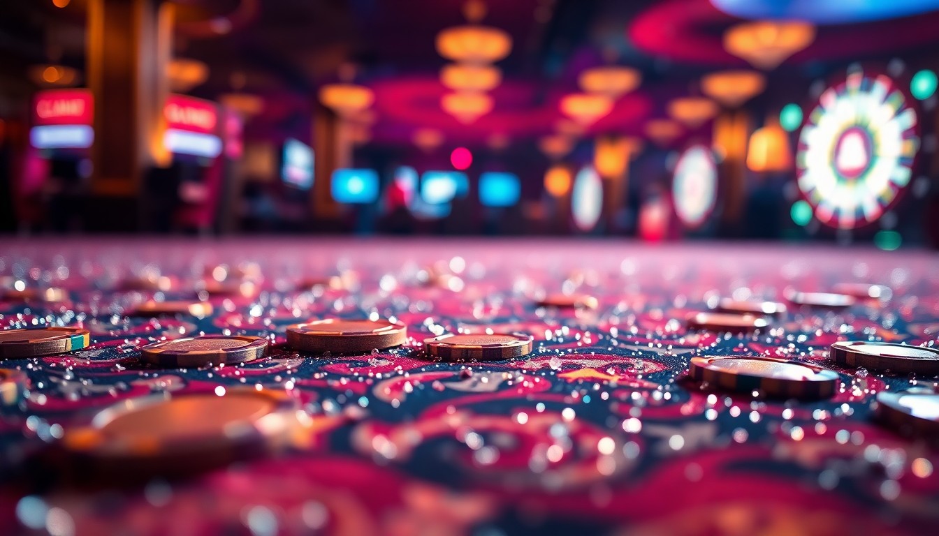 An extreme close-up photograph of shimmering casino chips or plush casino carpet, using dramatic lighting to create a high-contrast, abstract, and glamorous visual representation of a grand opening celebration.