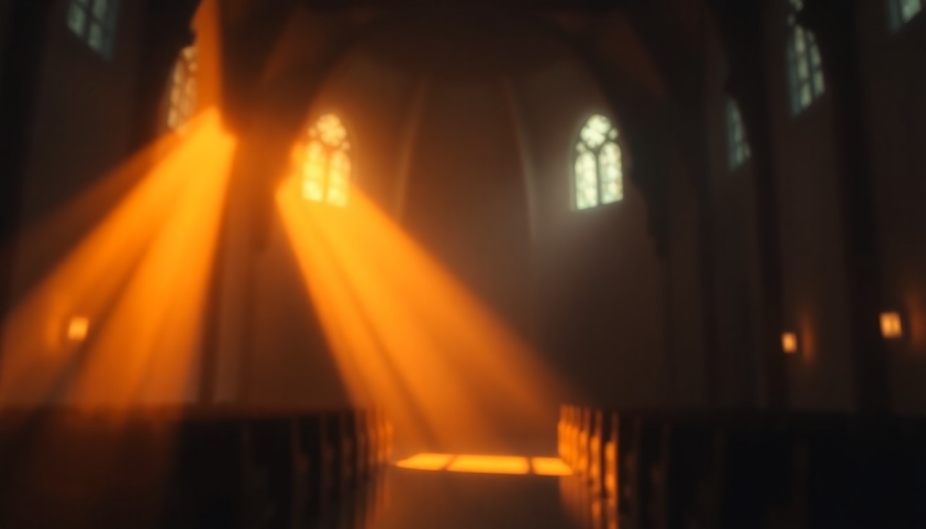 An abstract, blurred photograph of a chapel interior, with soft pools of warm light and shadow creating a contemplative atmosphere.