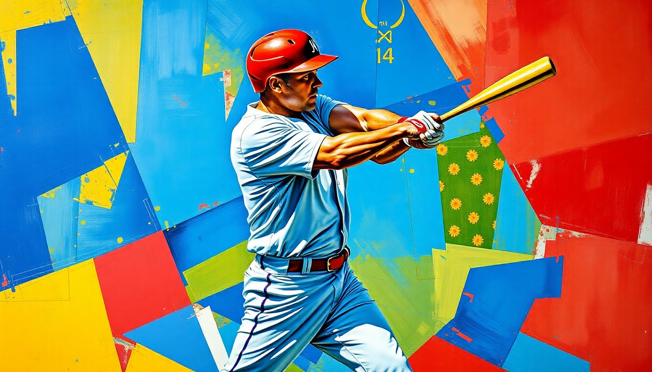 A cubist, geometric painting depicting a baseball player in motion, with their body and equipment fractured into sharp, overlapping planes of color, capturing the raw energy and tension of the sport.