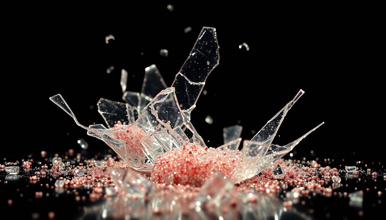 An abstract close-up image of shattered glass and glittering sequins, capturing the fragility and glamour of the Bachelorette franchise in the wake of the Taylor Frankie Paul controversy.