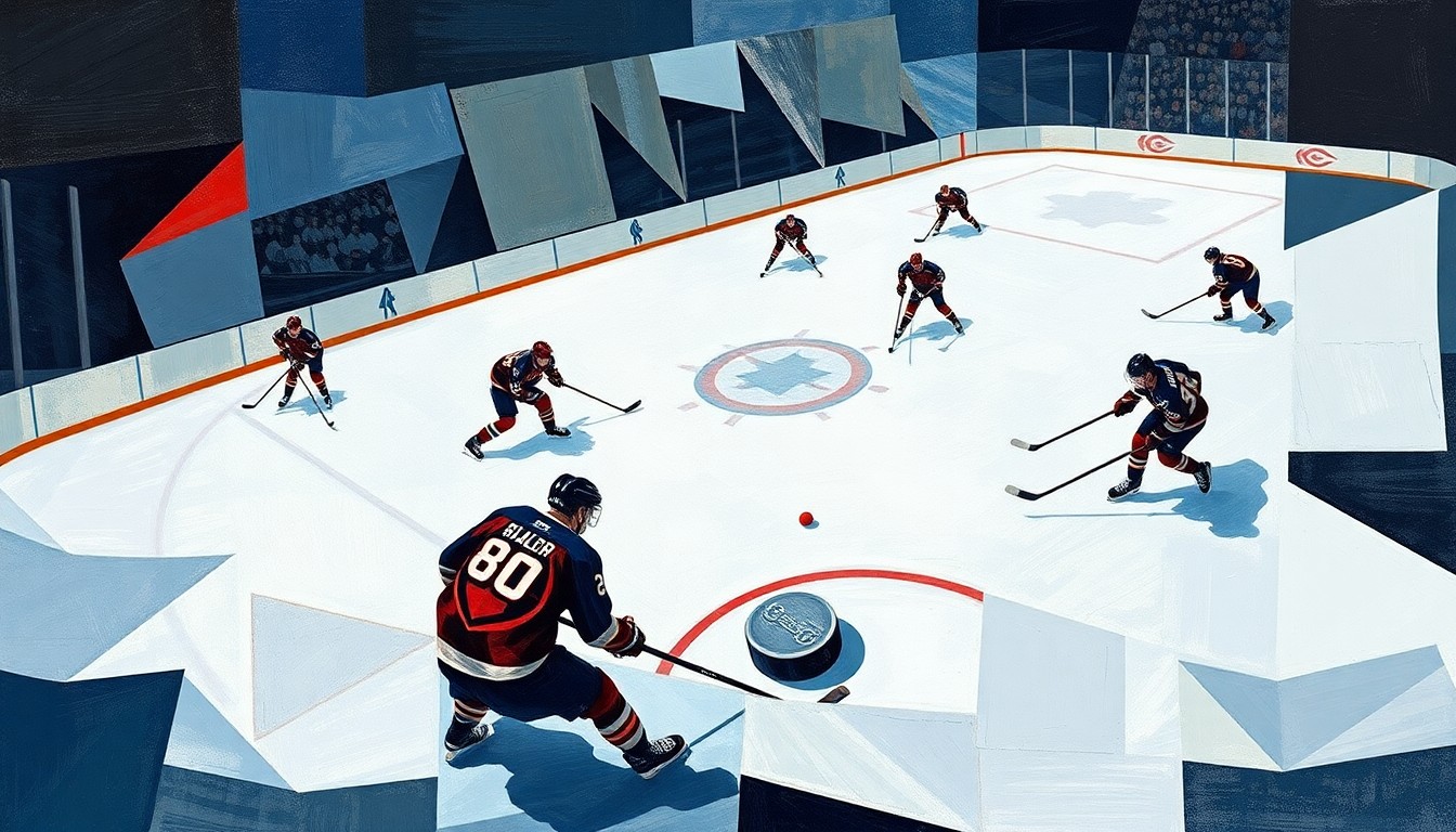 A cubist, geometric painting depicting a hockey game, with the players and ice broken down into sharp, overlapping planes of color and shape, the puck as the central focal point.