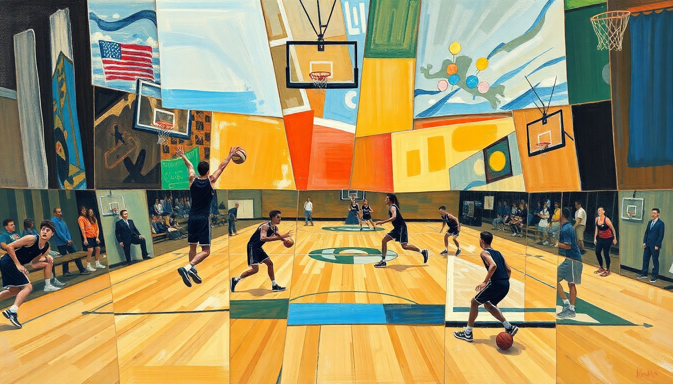 A fragmented, geometric painting depicting various high school sports actions and events, with sharp lines and overlapping shapes conveying the fast-paced nature of the games.