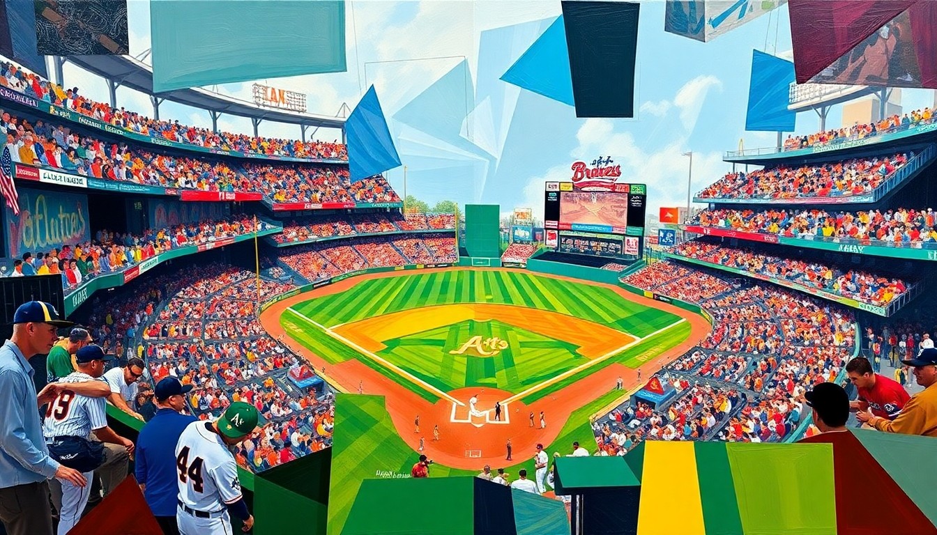 A fractured, multi-perspective painting in the style of Pablo Picasso, breaking a baseball game between two teams down into sharp, overlapping geometric planes of vibrant colors.