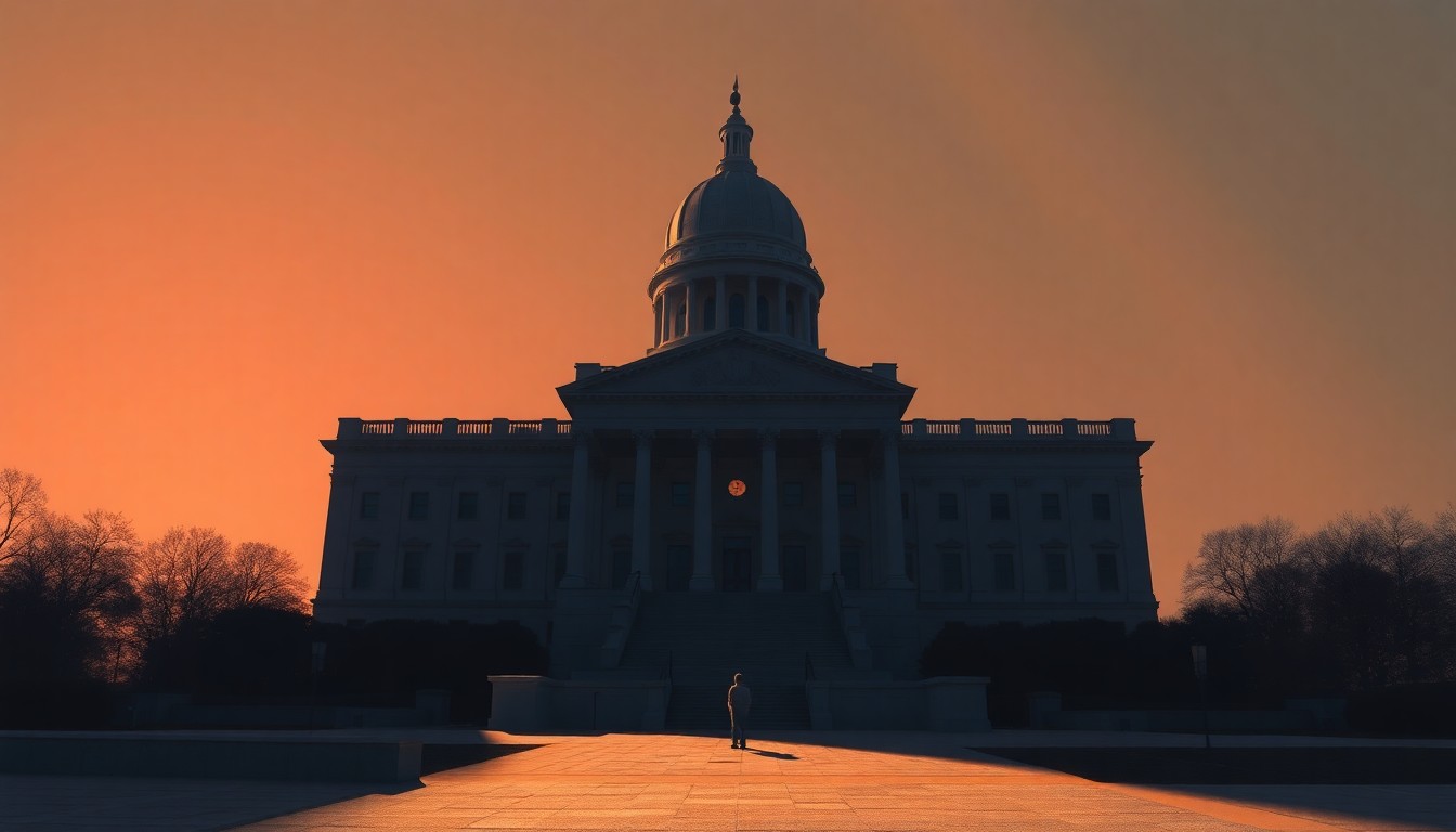 A serene, painterly scene of a state capitol building in warm, golden light, with a lone figure standing on the steps, conveying the contemplative mood of civic engagement.