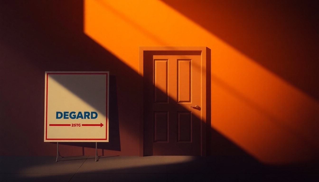 A close-up view of a campaign sign or office door, with the surface heavily textured and the lighting casting dramatic shadows, conveying a sense of solitude and the challenges of an underdog political campaign.