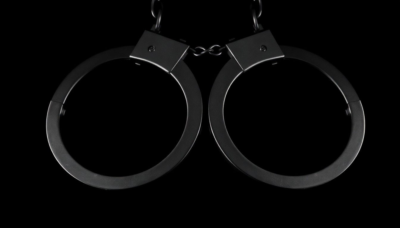 An extreme close-up of a pair of metal handcuffs against a stark black background, conceptually representing the arrest of a suspect in a case of alleged child abuse.