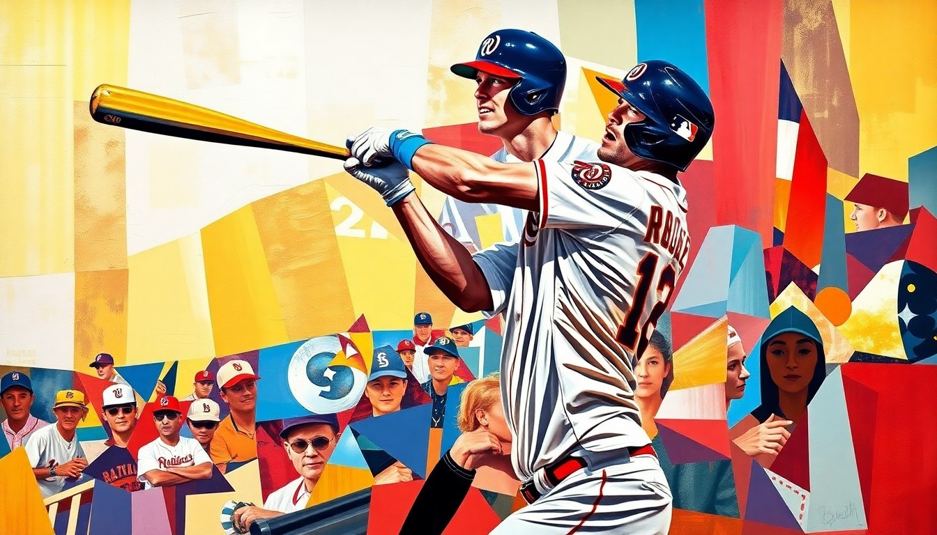 A fractured, multi-perspective painting depicting a baseball player in mid-swing, the ball leaving the bat, and the player rounding the bases, all broken down into sharp, overlapping geometric planes in vibrant red, blue, and gold colors.