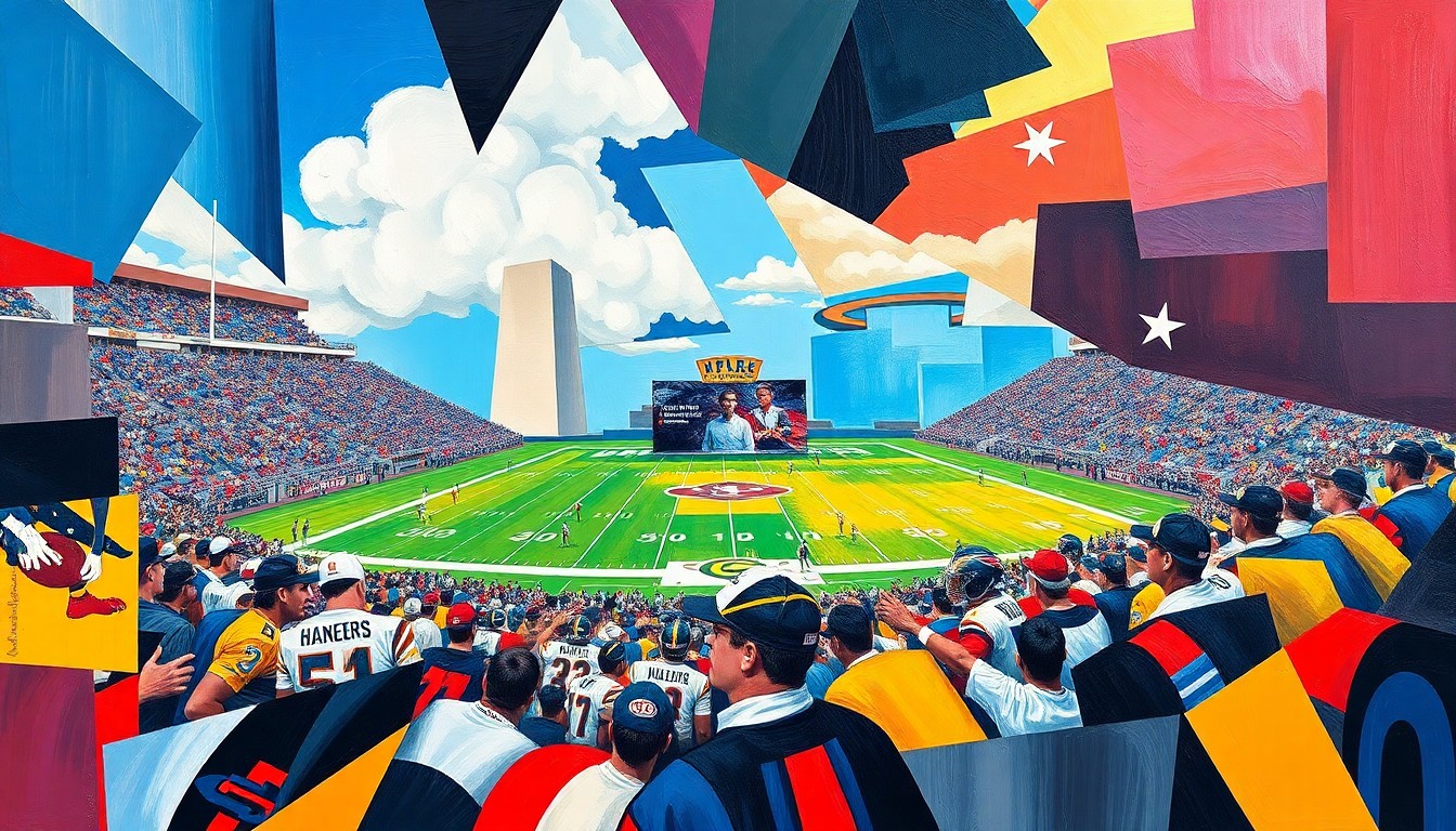 A cubist, geometric painting depicting a UFL football game, with overlapping planes of the team's colors representing the dynamic action on the field.