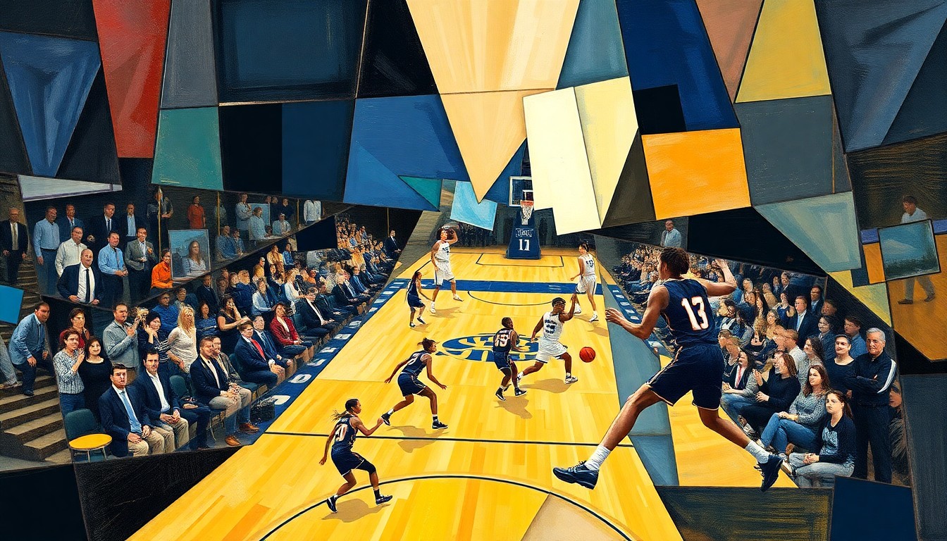 A cubist, geometric painting depicting the intense action of a women's basketball game, with fragmented, overlapping shapes and planes representing the players' movements and the competitive spirit of the matchup.