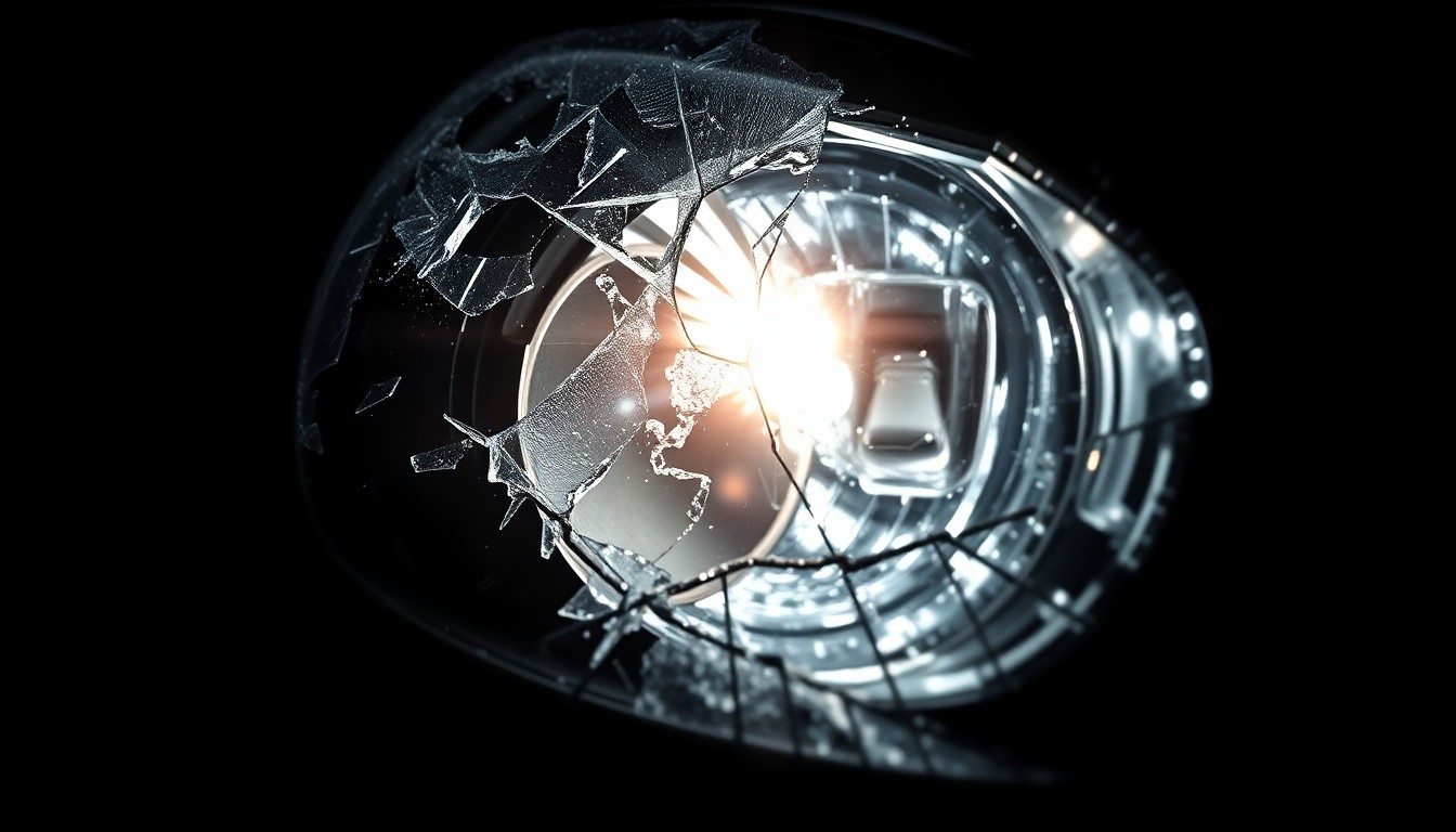 An extreme close-up photograph of a shattered car headlight lens against a pitch-black background, the broken glass and twisted metal conceptually representing the aftermath of a high-speed collision.