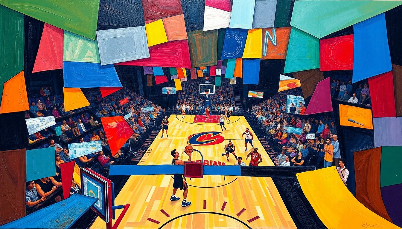 A fragmented, cubist-style painting depicting a basketball game, with sharp, overlapping geometric shapes in the Cavaliers' wine and gold colors as well as the colors of their opponents, conveying the disruption and adaptability required due to injuries.