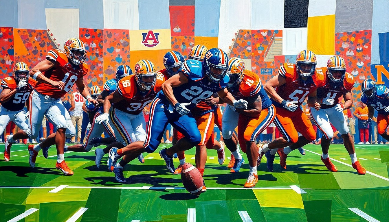 A cubist, geometric painting depicting an abstract college football scene with players in motion, the ball, and the field, rendered in Auburn's signature orange and blue colors.