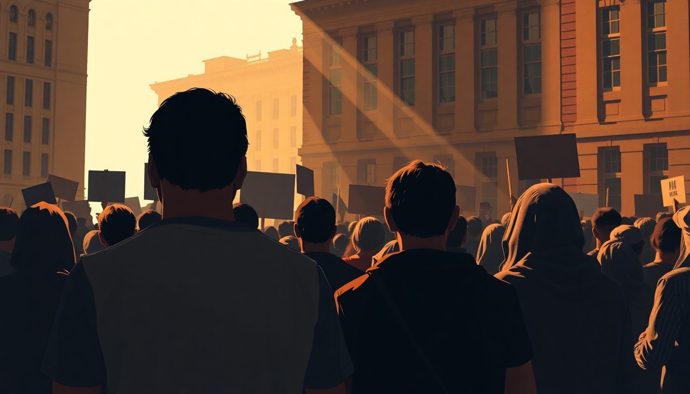 A group of protesters gathered in a public square, their faces obscured by shadows but their body language conveying a sense of determination and solidarity. The scene is bathed in warm, diagonal sunlight and deep shadows, creating a contemplative and introspective mood.