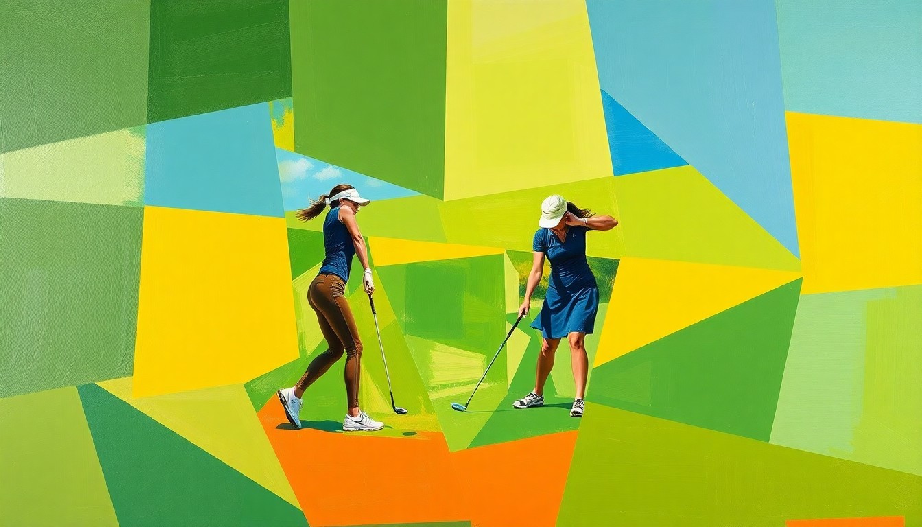 A cubist, geometric painting depicting a women's golf match, with overlapping planes of green, blue, and yellow representing the dynamic action of the game.