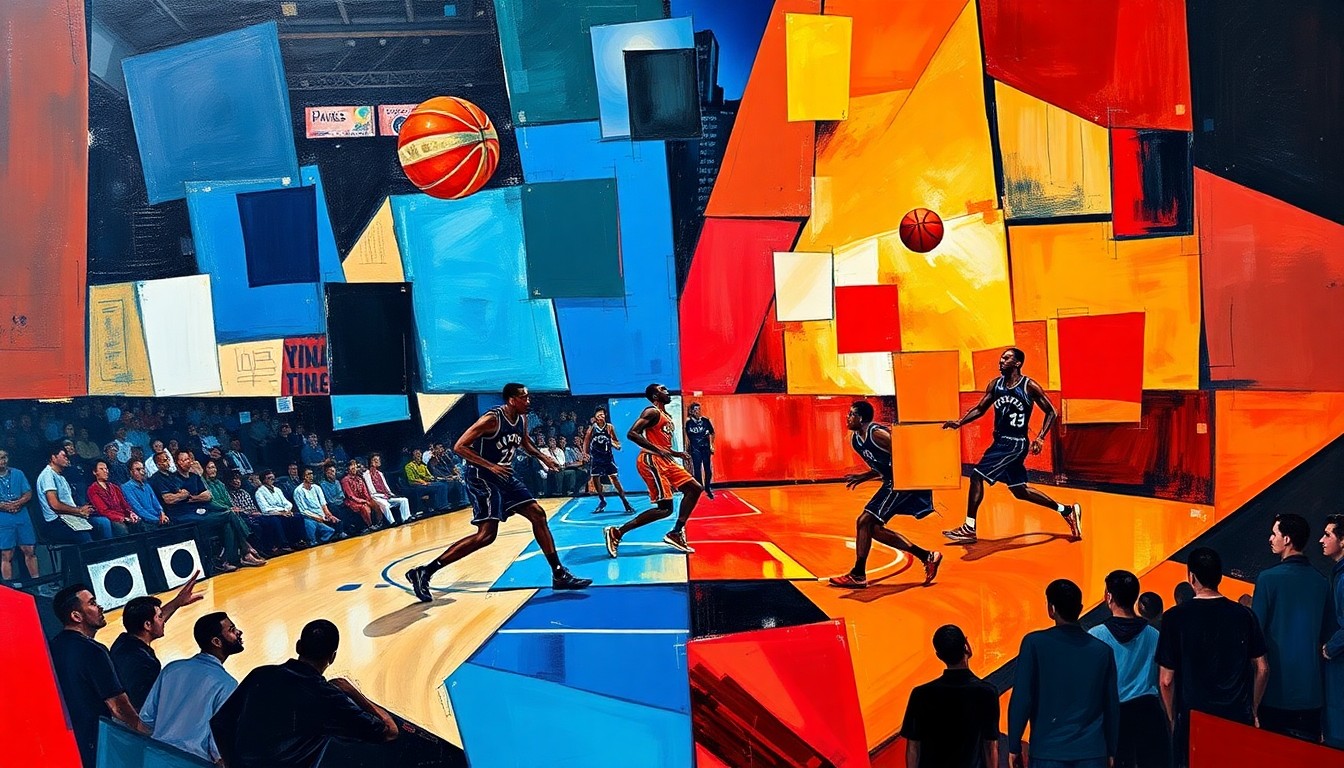 A fragmented, geometric painting depicting the motion and energy of a basketball game, with overlapping planes of color and shape representing the players and the court.
