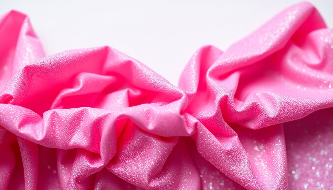 An extreme close-up photograph of heavily textured, crumpled pink fabric with a high-contrast, glittery sheen, conceptually representing the shattered dreams and disappointment of Barbie fans who attended the poorly executed festival.