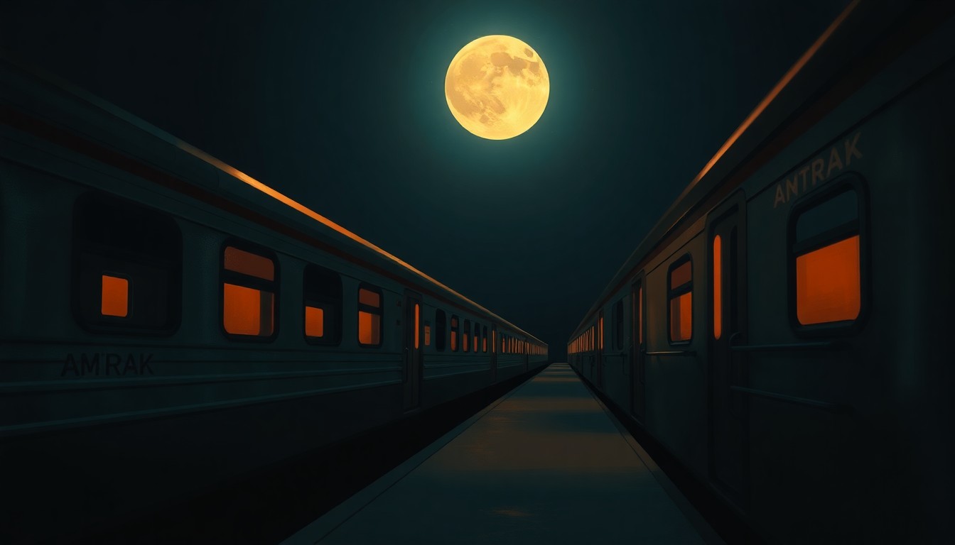 A dimly lit, cinematic painting of the interior of an Amtrak train car at night, with soft lighting filtering in through the windows and creating deep shadows, conveying a sense of solitude and tranquility.
