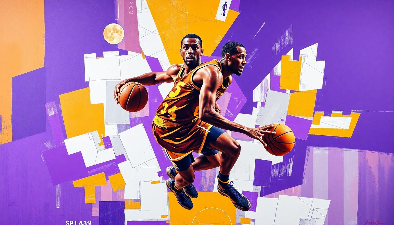 A fragmented, geometric painting depicting the dynamic motion of a basketball player, with sharp planes of purple, gold, and white creating an abstract, cubist representation of athletic energy.