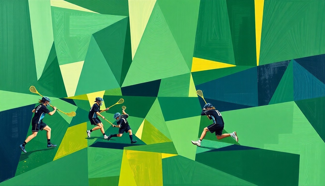A fragmented, geometric painting depicting the chaotic final moments of a boys lacrosse game, with players and the ball rendered in overlapping planes of color.