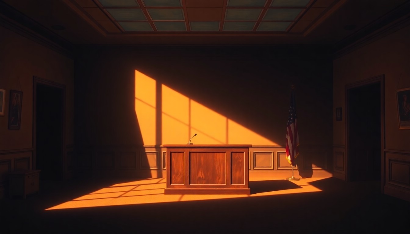 A dimly lit, cinematic painting of an empty government office desk or podium, with warm sunlight streaming in through a window and casting deep shadows across the surface, evoking a sense of quiet contemplation and the weight of political power.