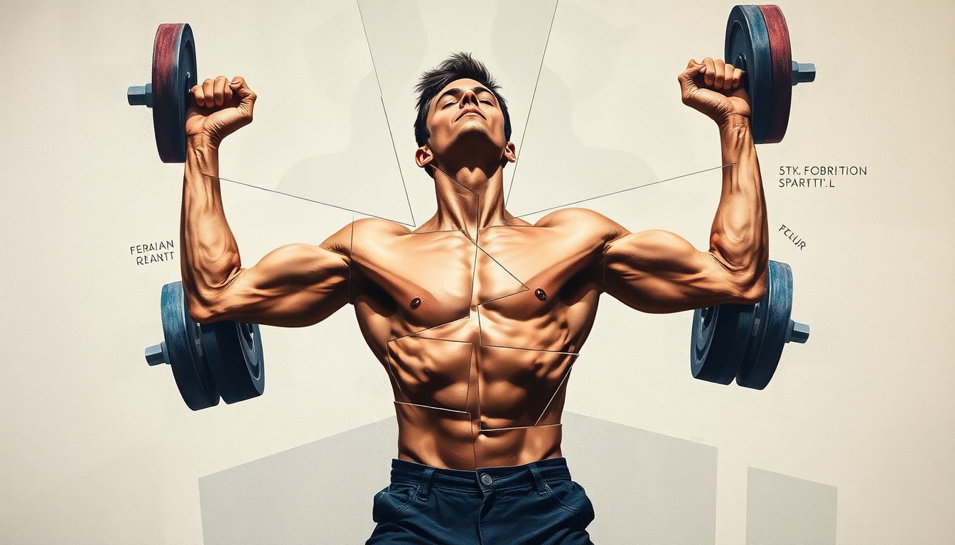 A fractured, geometric painting depicting a young weightlifter in mid-lift, with their muscles and movement deconstructed into an abstract, dynamic composition.