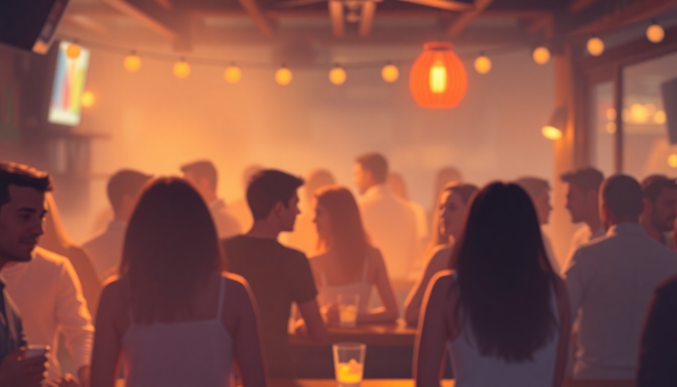 An abstract, blurred image of people gathered at a bar, with warm, hazy lighting and muted colors creating a sense of togetherness and comfort.