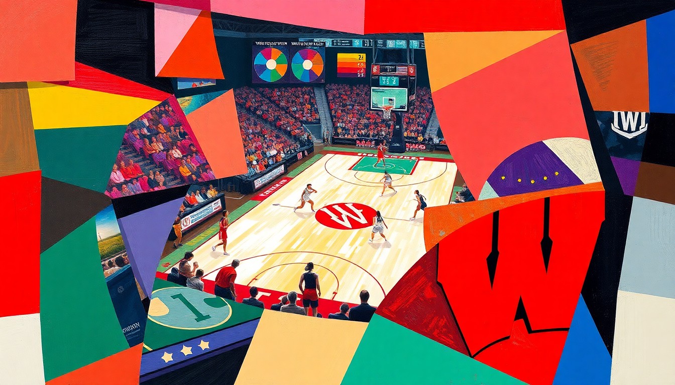 A cubist, geometric painting depicting the chaotic action of a women's basketball game, with sharp planes of color representing the players and court.