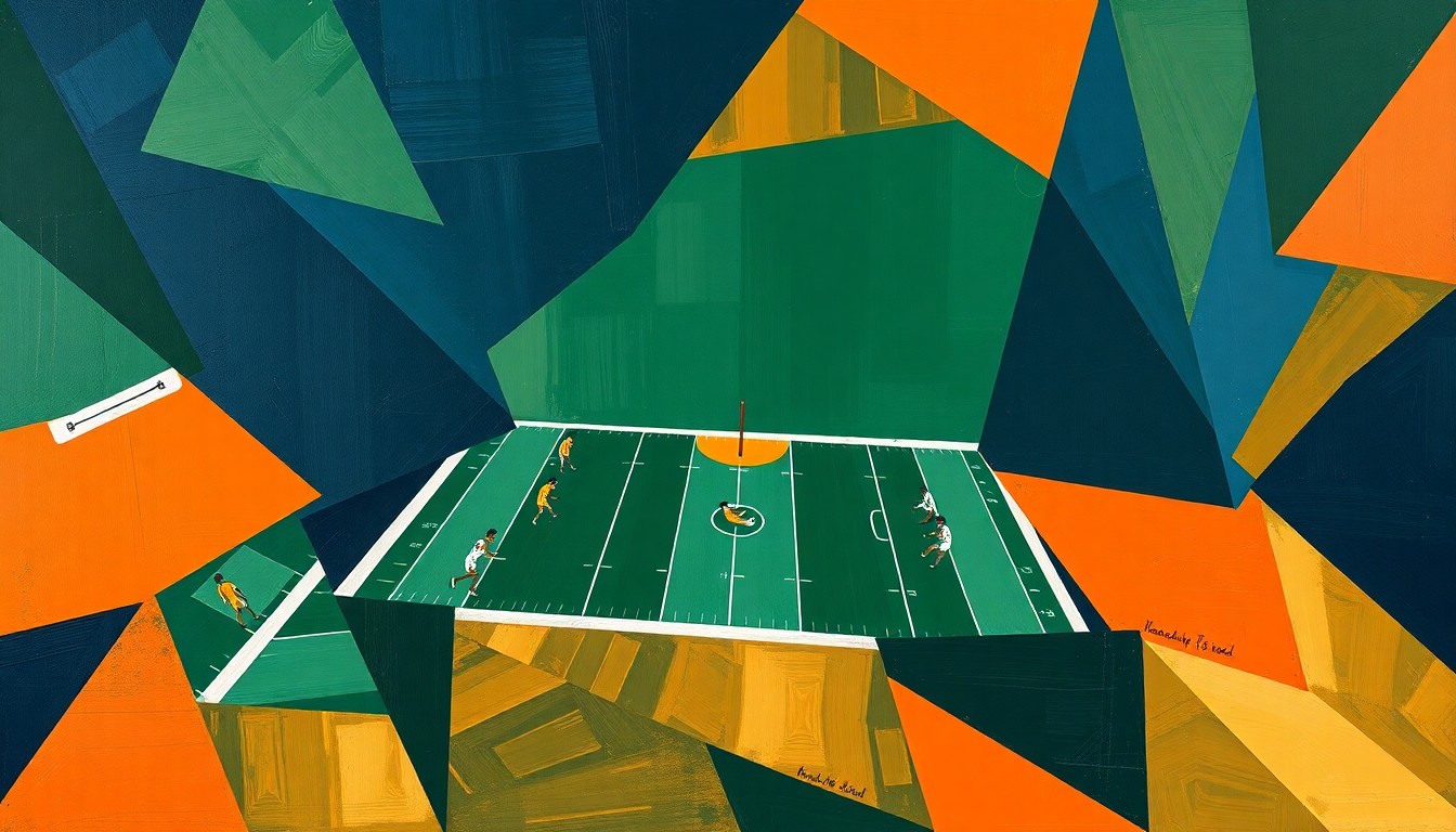 A fragmented, abstract painting depicting a college football game or practice, with sharp geometric shapes in navy, green, and orange overlapping to create a dynamic, deconstructed visual representation of the action on the field.