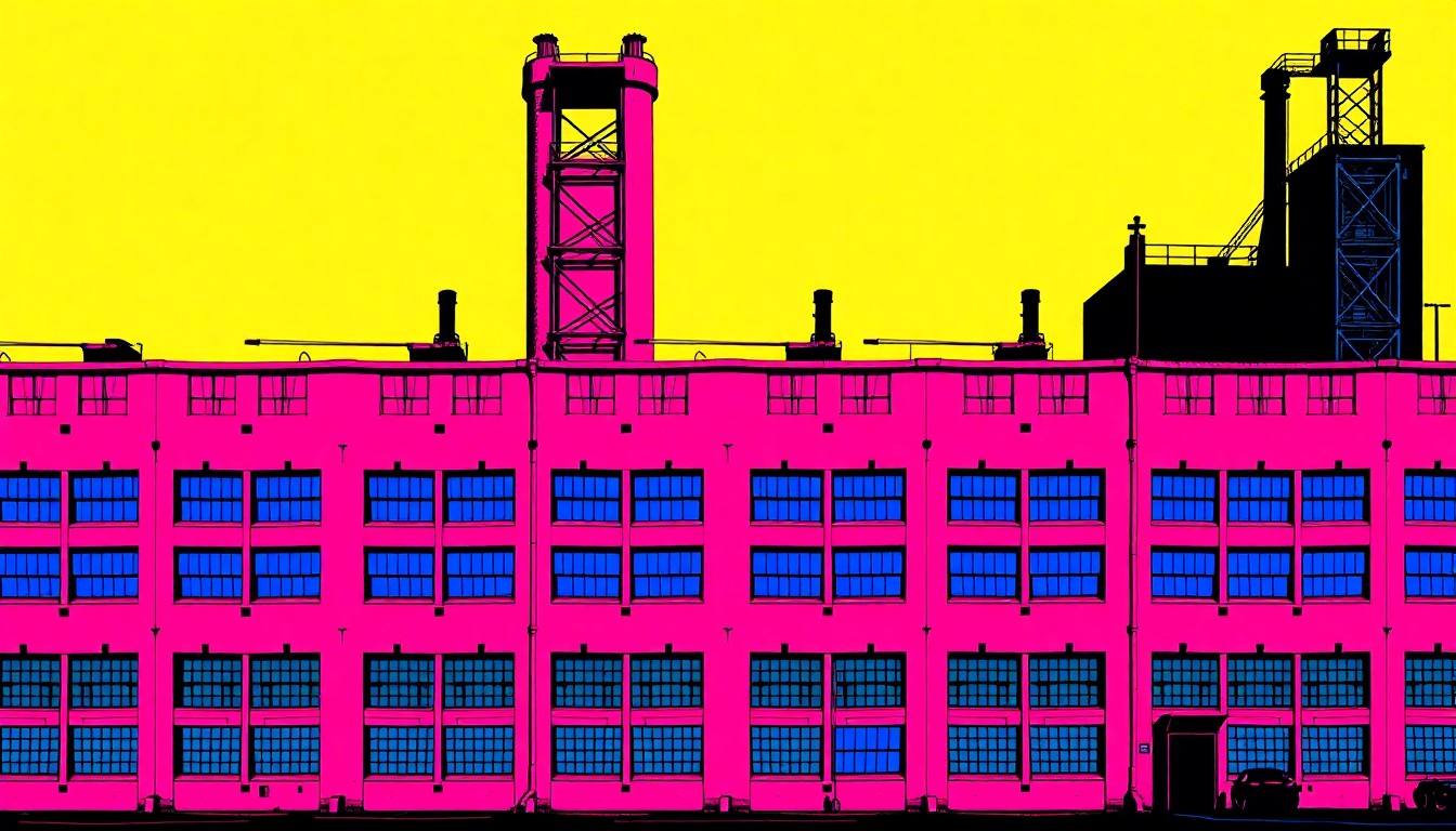 A vibrant, high-contrast silkscreen print depicting the facade of an industrial building repeated in a grid, conceptually representing the demolition of the historic Roebling complex.