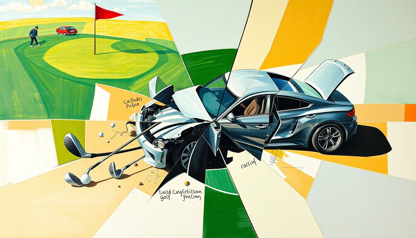 A cubist-style painting depicting a fractured, geometric representation of a golf course, golf clubs, and a crashed car, conveying the chaotic nature of Tiger Woods' latest accident and the uncertainty surrounding his future in the sport.