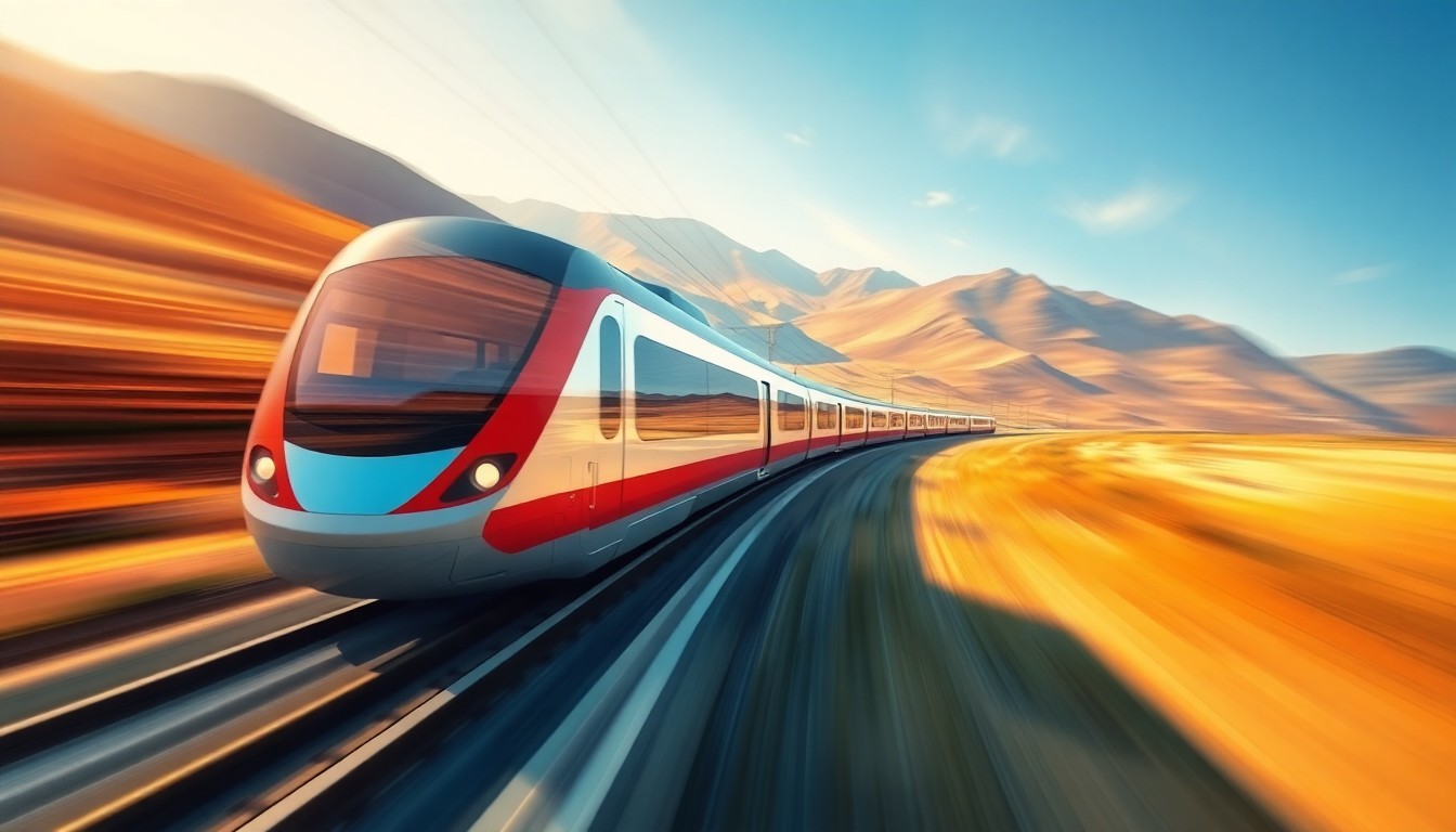 A dynamic, abstract painting of a high-speed train rushing through a blurred landscape, with overlapping geometric shapes and brushstrokes in warm earth tones and cool blues, conveying a sense of speed and motion.