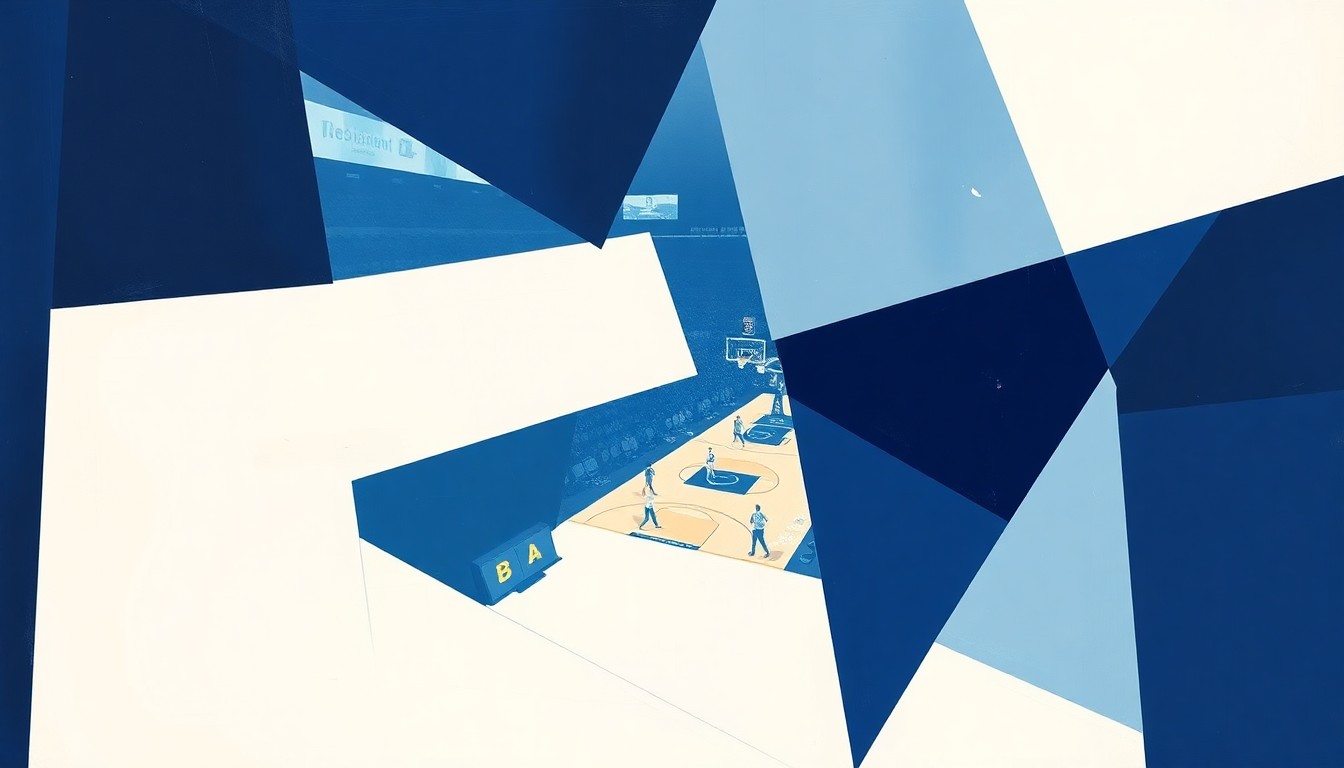 A cubist, geometric painting depicting a women's college basketball game, with overlapping planes of navy blue, light blue, and white shapes representing the action on the court.