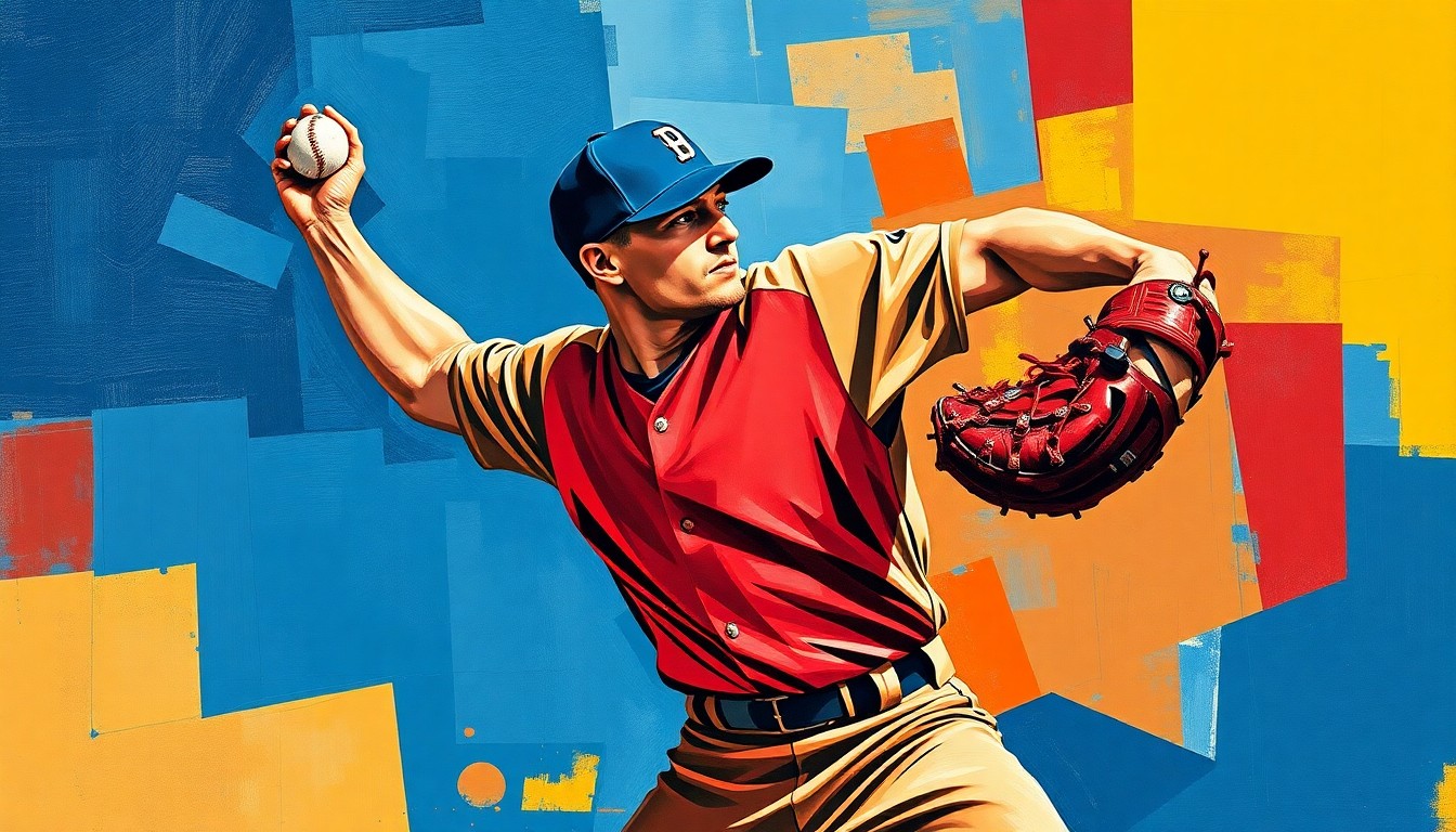 A fragmented, multi-angled painting depicting the motion and power of a baseball pitcher's delivery, with sharp planes of navy, red, and yellow hues capturing the raw energy of the game.