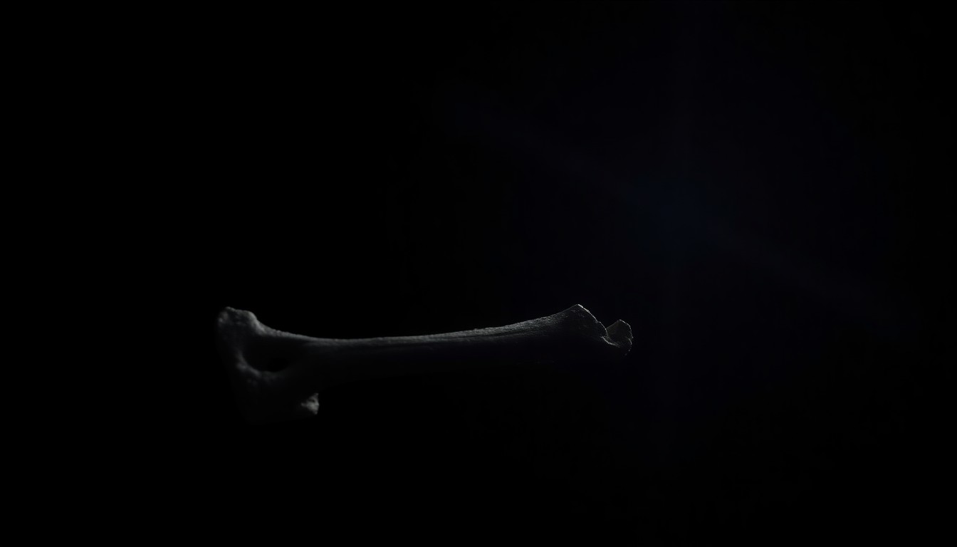 An extreme close-up photograph of a single bone fragment or piece of evidence from the Mark Smith cold case, lit by a harsh, direct camera flash against a pitch-black background, creating a stark, gritty, investigative aesthetic.