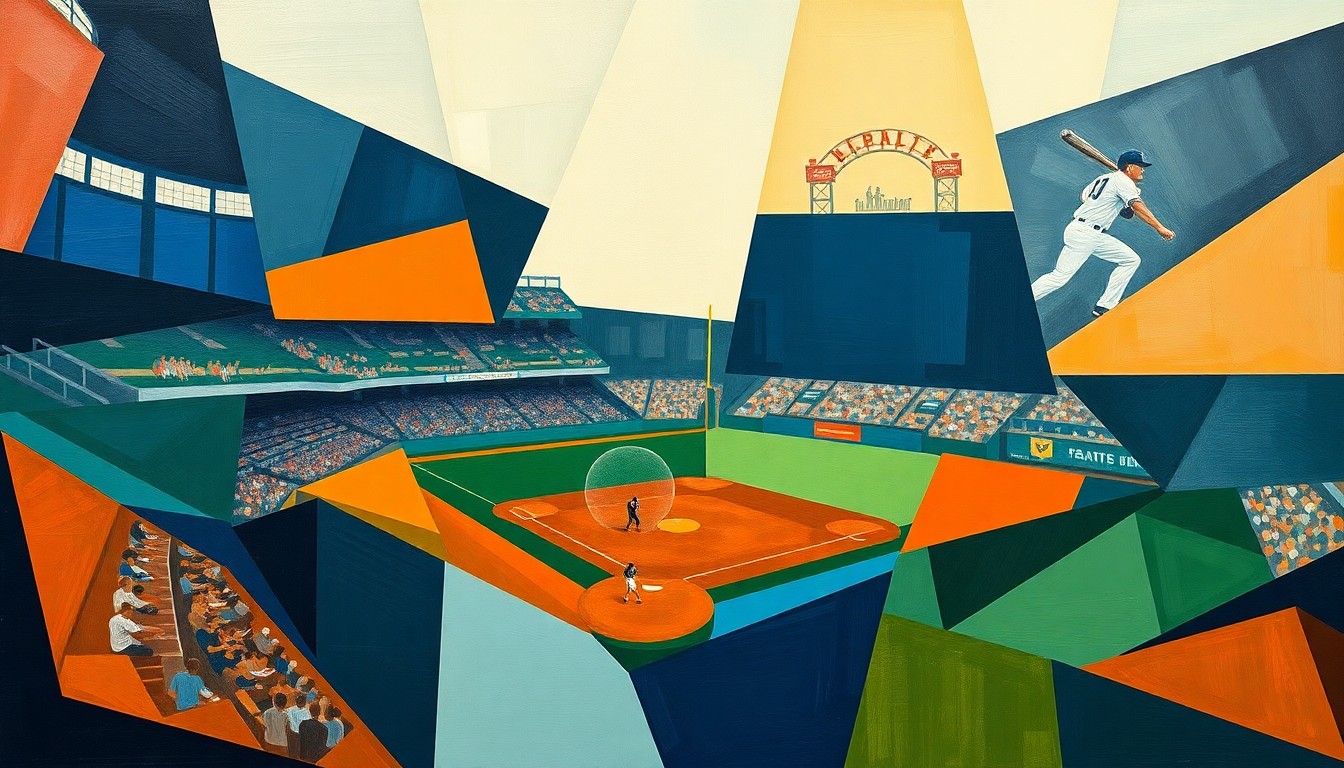 A cubist, geometric painting depicting a fractured baseball game, with sharp planes of navy, green, and orange overlapping to create a dynamic, abstract scene.