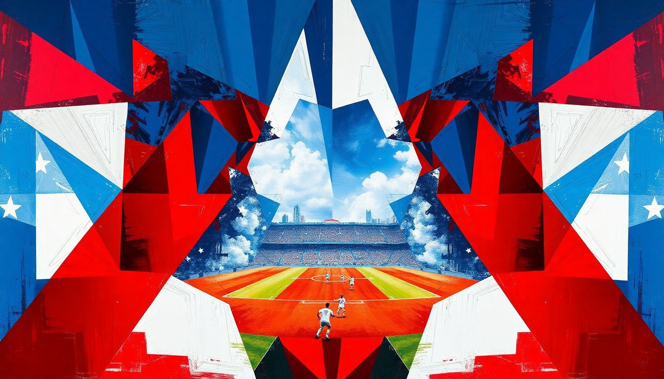 A cubist, geometric painting depicting a fragmented, multi-angled view of a soccer match, with overlapping planes of red, white, and blue representing the intensity and challenges the USMNT faced against a dominant Belgian side.