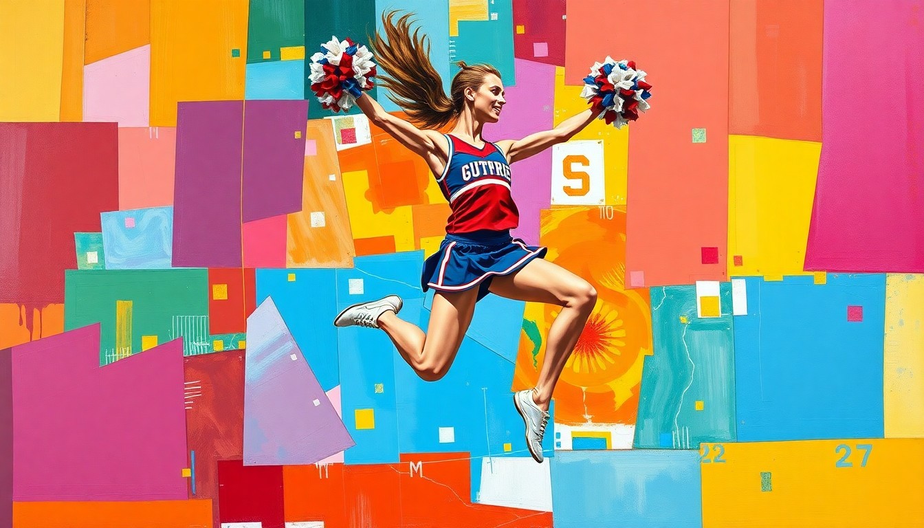 A cubist, geometric painting depicting a high school cheerleader in mid-jump, with the bright colors of the cheer uniforms breaking down into sharp, overlapping planes.