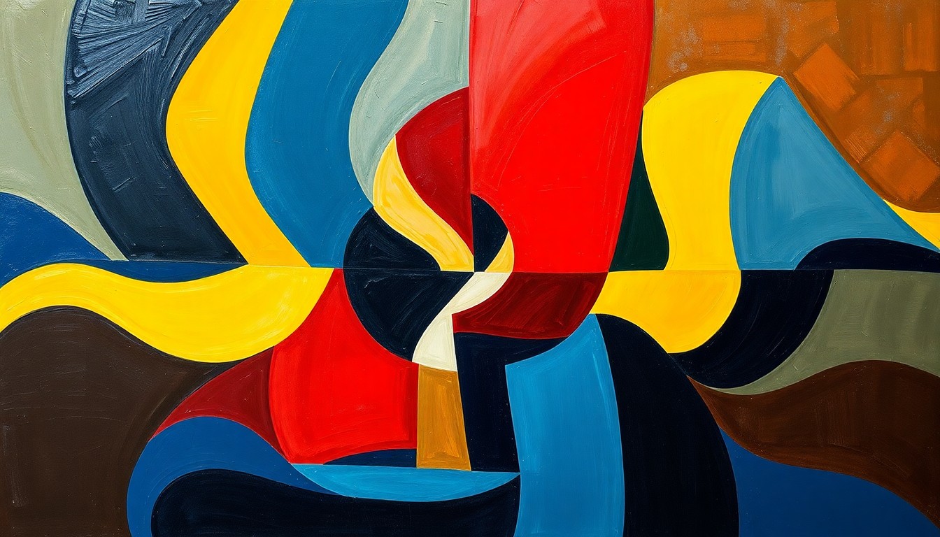 A fractured, abstract painting in bold colors representing the tensions and divisions within the progressive political movement.