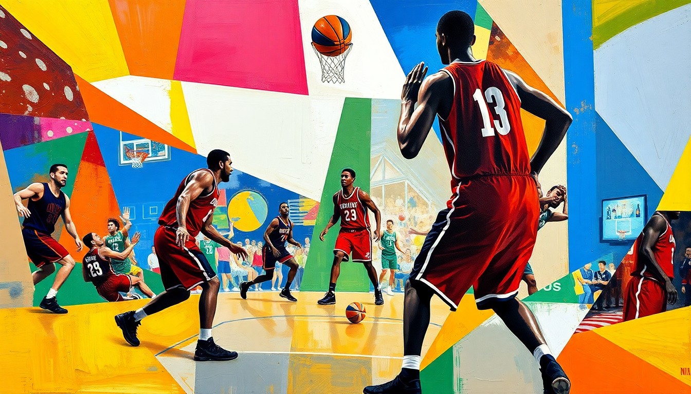 A fractured, cubist-style painting depicting the abstract forms of basketball players in motion, with sharp geometric shapes and planes of bright team colors representing the Celtics' strategic maneuvering on the court.