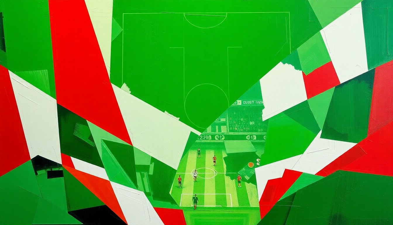 A fragmented, geometric painting depicting a soccer match, with overlapping planes of green, white, and red representing the field, players, and uniforms, conveying the dynamic energy and tension of the upcoming USMNT match.
