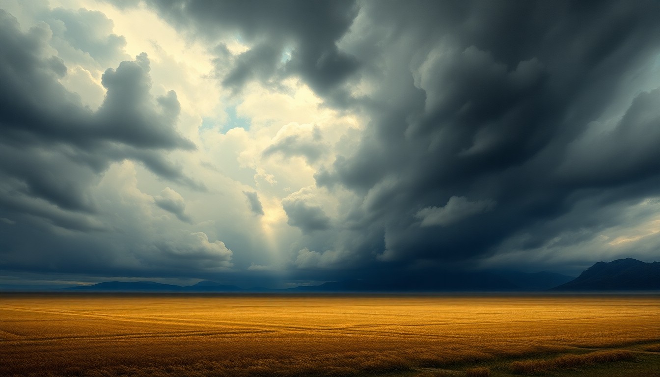 A sweeping, atmospheric landscape painting in muted tones of grey, blue, and green, with a vast, empty field dwarfed by an ominous, turbulent sky, conveying the sense of impending danger and the overwhelming power of nature.
